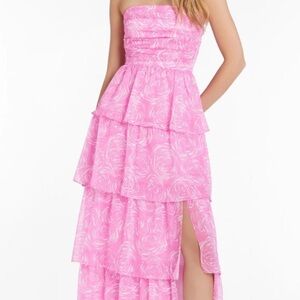Elegant Pink Strapless Maxi Tiered Dress